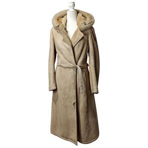 Leder Fischer Shearling Coat Womens Small Tan Suede Hooded Fur Trim Belted Long